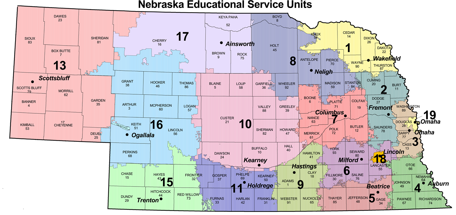 Nebraska Educational Service Unit Locations and Boundaries